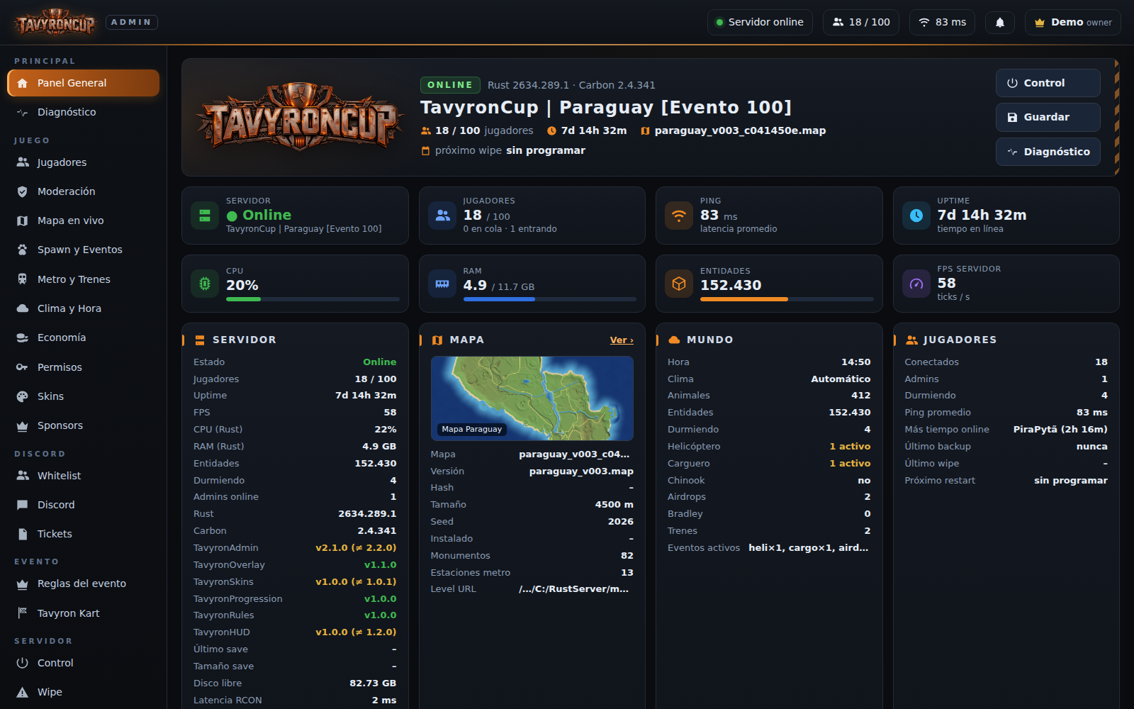 Panel general de TavyronCup con estado del servidor, jugadores y mapa de Paraguay (datos simulados de demostración)