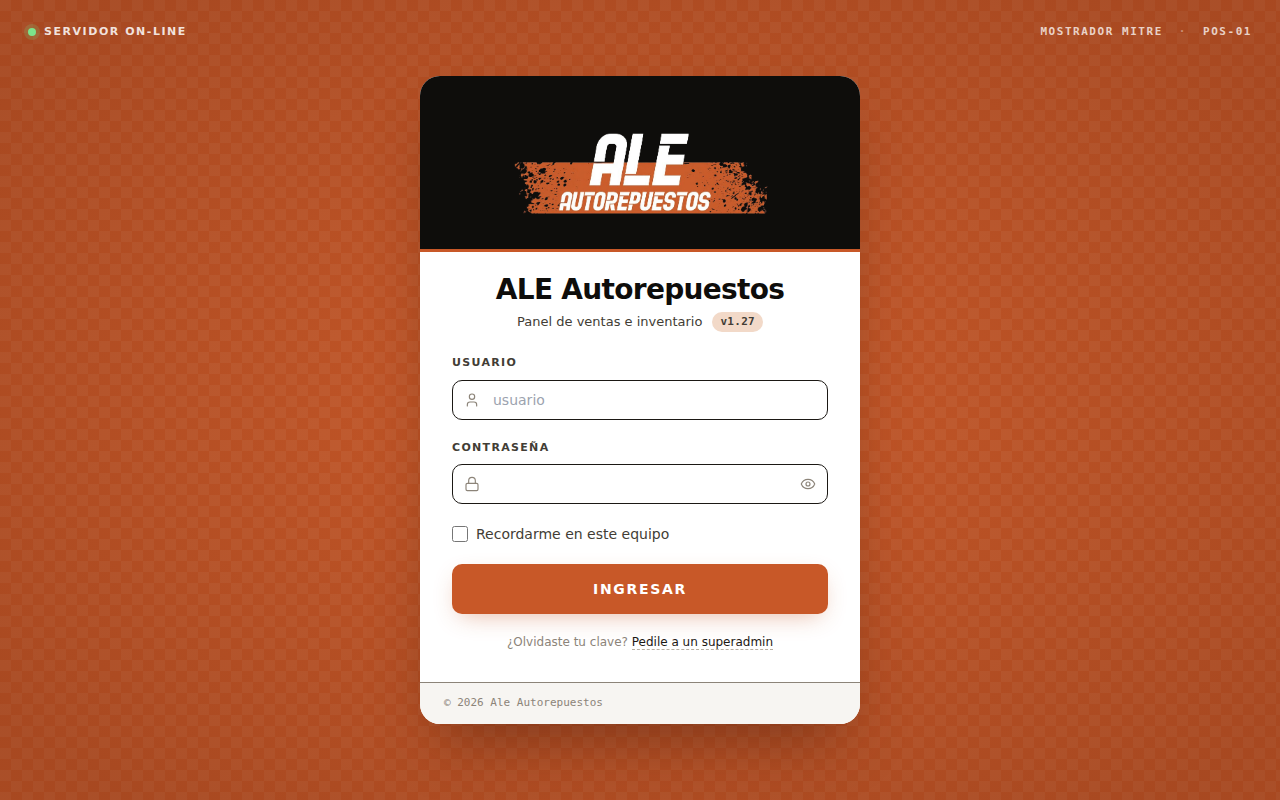 Pantalla de acceso del sistema de ventas e inventario de ALE Autorepuestos